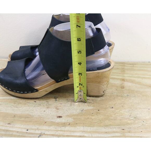 Moheda Sweden Victoria Clogs 8.5 Black Leather Wooden Peep Toe Heeled Sandals - Picture 6 of 11